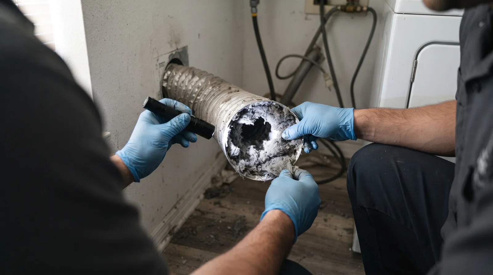 Technician inspecting a lint-filled dryer vent duct in a Florida laundry closet