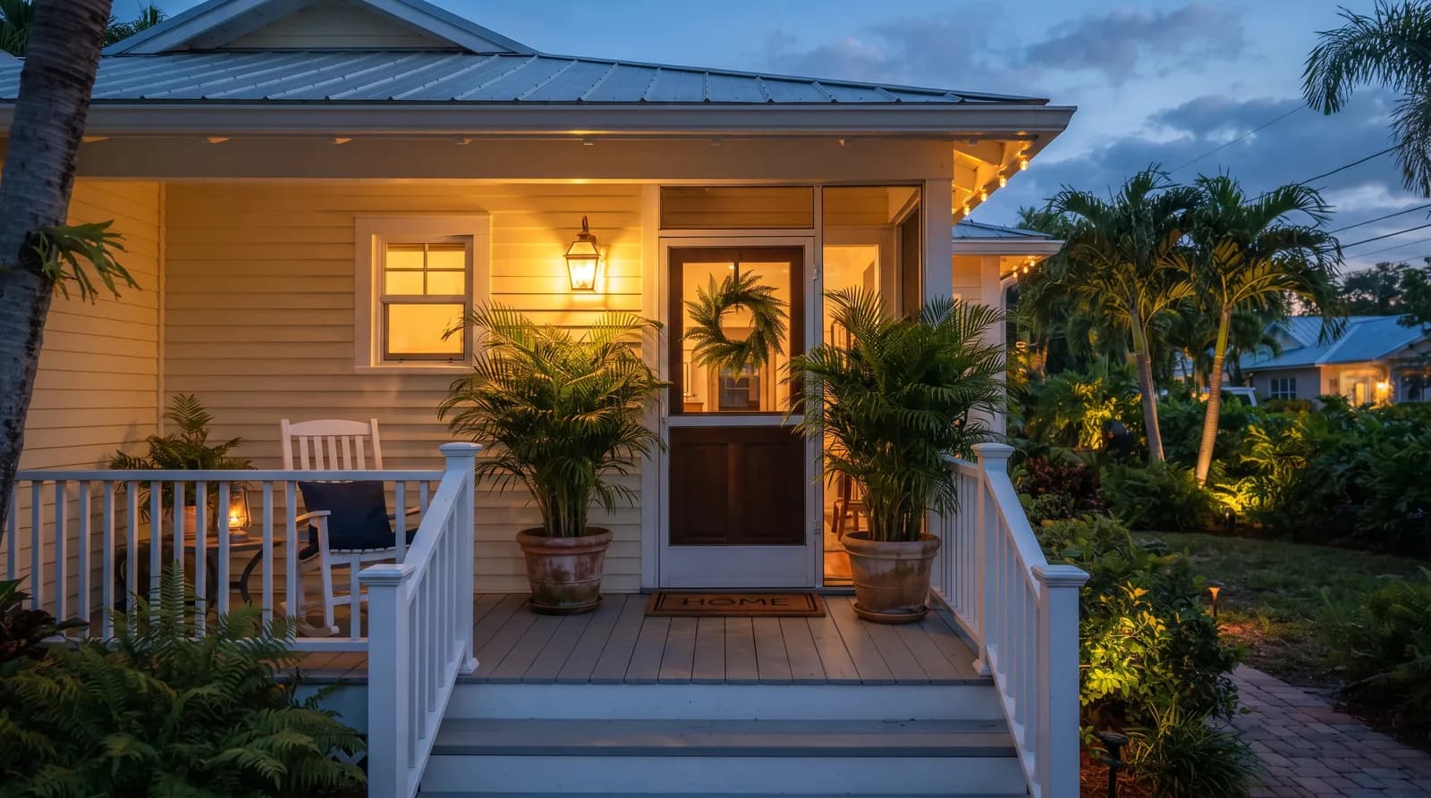 Florida front porch at evening with the lights on
