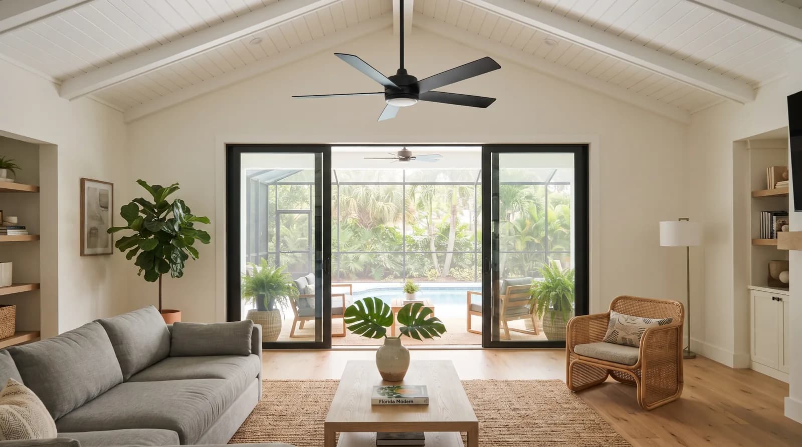 Newly installed ceiling fan in a bright Florida living room
