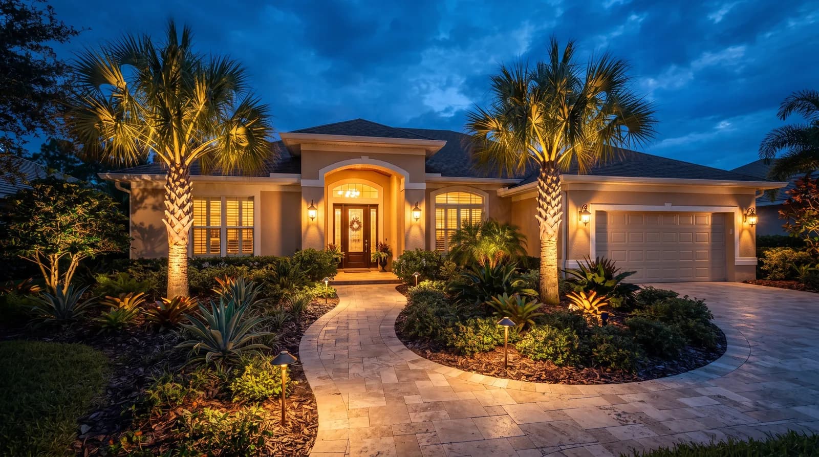 Warm landscape lighting on a Florida home at dusk