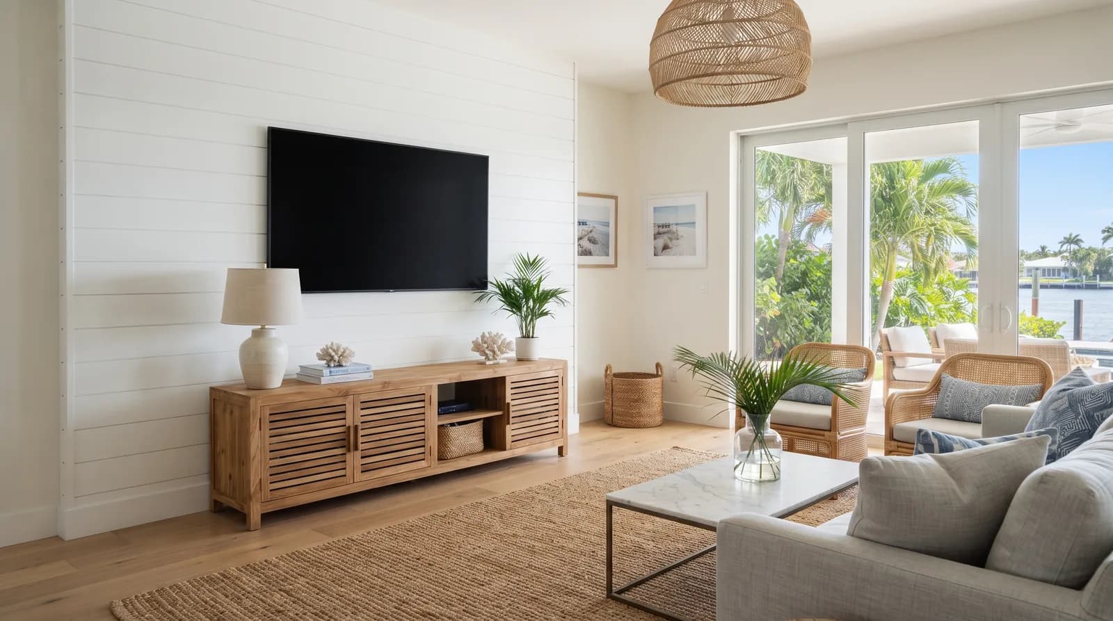 Flat screen TV mounted flush on a living room wall with cables hidden